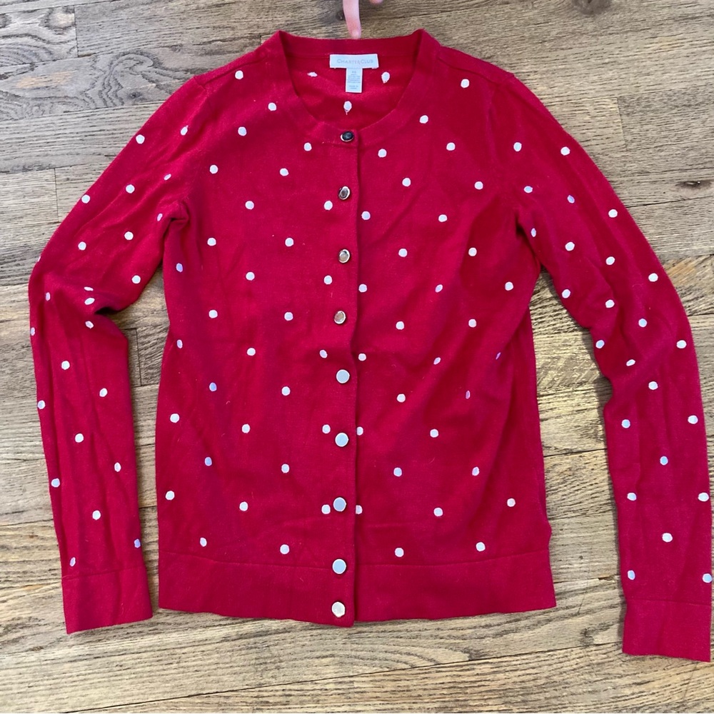 Red Cardigan with White Dots